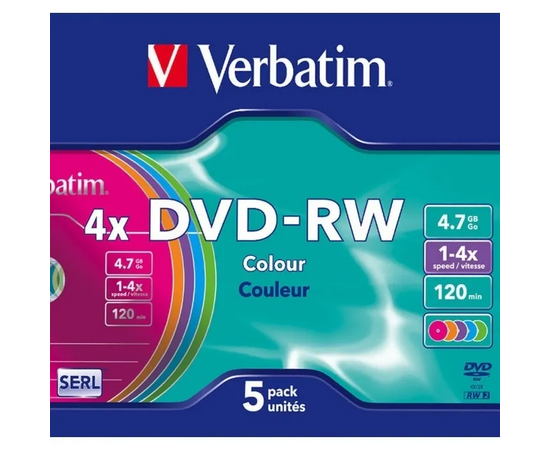  Диск DVD-RW Verbatim (43563) 4.7Gb 4x Slim case (5шт) Color 