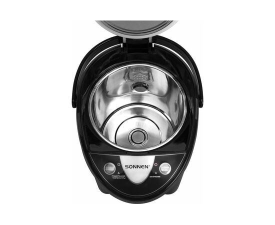  Термопот SONNEN TP-38, 4л, 900Вт, 1 температурный режим, 3 режима подачи воды, сталь, черный/серебро 